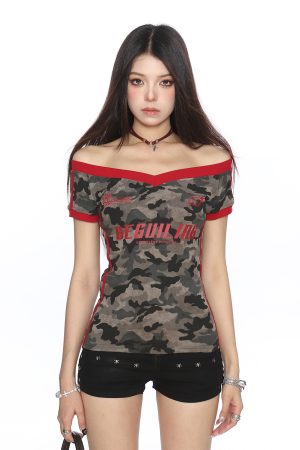Color-Block Camouflage One-Shoulder T-Shirt for Women â€“ Slim Fit Summer Top â€“ Trendy American Style Spicy Girl Fashion