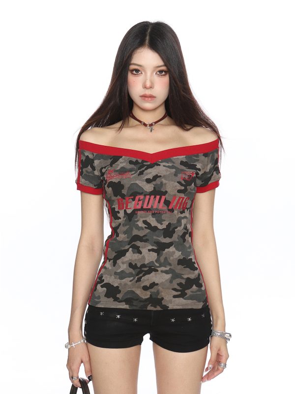 Color-Block Camouflage One-Shoulder T-Shirt for Women â€“ Slim Fit Summer Top â€“ Trendy American Style Spicy Girl Fashion