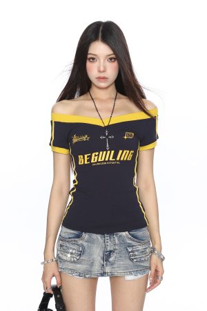 Color-Block Camouflage One-Shoulder T-Shirt for Women â€“ Slim Fit Summer Top â€“ Trendy American Style Spicy Girl Fashion