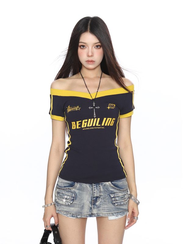 Color-Block Camouflage One-Shoulder T-Shirt for Women â€“ Slim Fit Summer Top â€“ Trendy American Style Spicy Girl Fashion