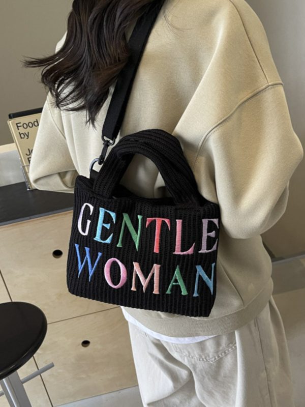 Color-Block Casual Knitted Tote Shoulder Bag with Embroidered 'Gentle Woman' - Trendy 2025 Accessory for Everyday Style
