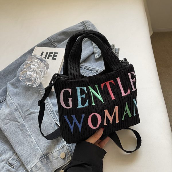 Color-Block Casual Knitted Tote Shoulder Bag with Embroidered 'Gentle Woman' - Trendy 2025 Accessory for Everyday Style