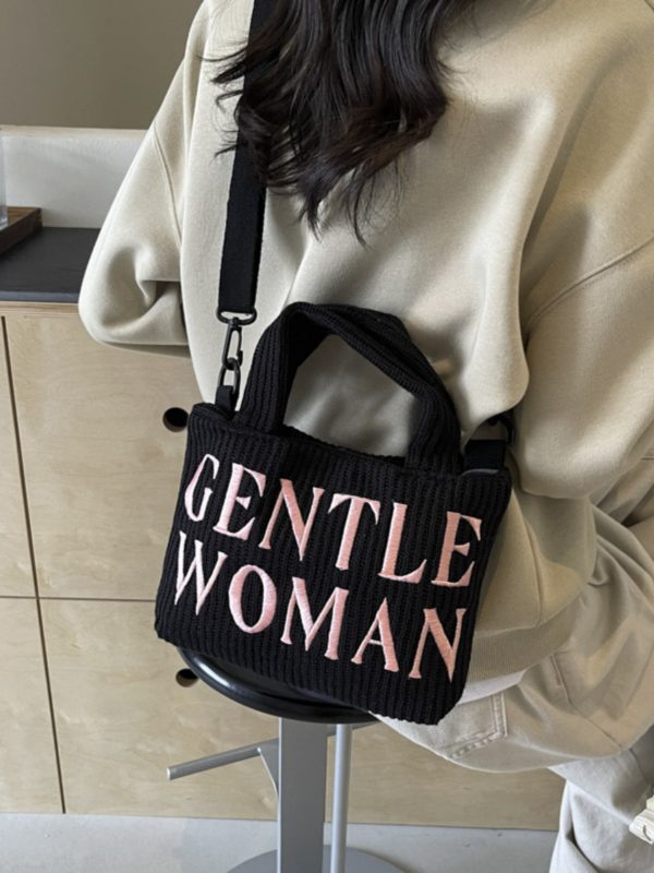 Color-Block Casual Knitted Tote Shoulder Bag with Embroidered 'Gentle Woman' - Trendy 2025 Accessory for Everyday Style