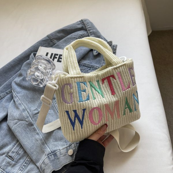 Color-Block Casual Knitted Tote Shoulder Bag with Embroidered 'Gentle Woman' - Trendy 2025 Accessory for Everyday Style