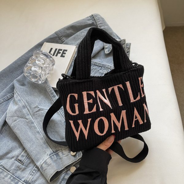 Color-Block Casual Knitted Tote Shoulder Bag with Embroidered 'Gentle Woman' - Trendy 2025 Accessory for Everyday Style