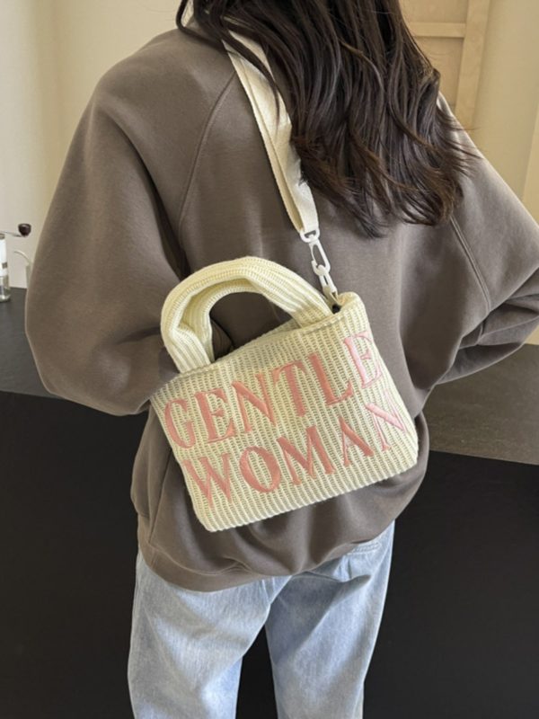 Color-Block Casual Knitted Tote Shoulder Bag with Embroidered 'Gentle Woman' - Trendy 2025 Accessory for Everyday Style