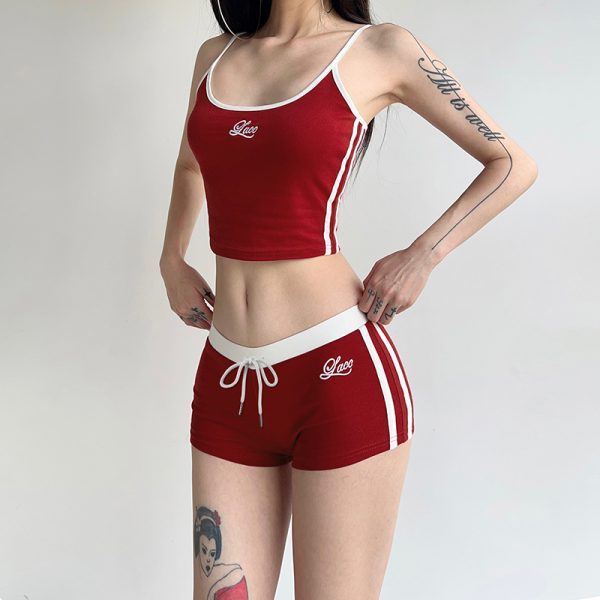 Color Block Letter Print Camisole and Shorts Two-Piece Set for Home Leisure, Trendy Thorny Rose Design, Comfortable Y2K Style