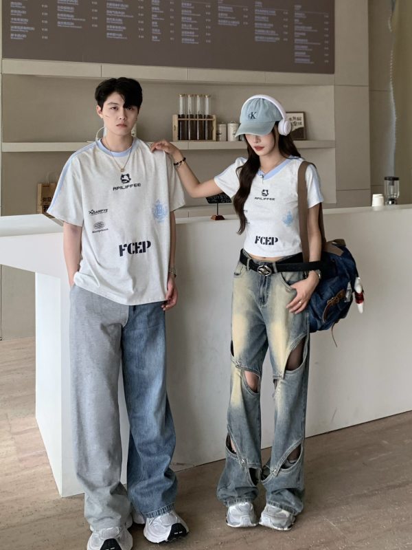Color Block Letter Print Short Sleeve T-Shirt for Women - Casual Summer Loose Fit American Style Top for Spicy Girls