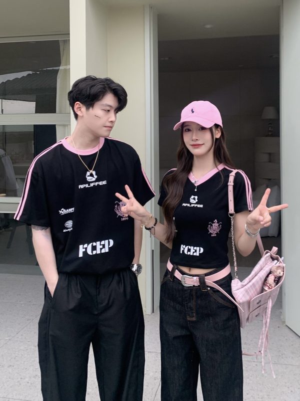 Color Block Letter Print Short Sleeve T-Shirt for Women - Casual Summer Loose Fit American Style Top for Spicy Girls