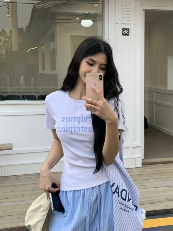 Color Block Short Sleeve T-Shirt for Women - 2025 Summer Slim Fit with Sister Letter Print, Trendy Y2K Style