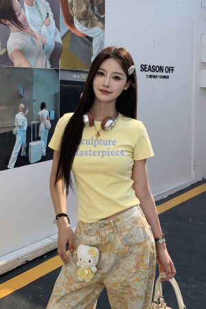 Color Block Short Sleeve T-Shirt for Women - 2025 Summer Slim Fit with Sister Letter Print, Trendy Y2K Style
