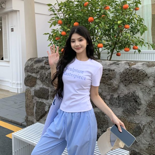 Color Block Short Sleeve T-Shirt for Women - 2025 Summer Slim Fit with Sister Letter Print, Trendy Y2K Style