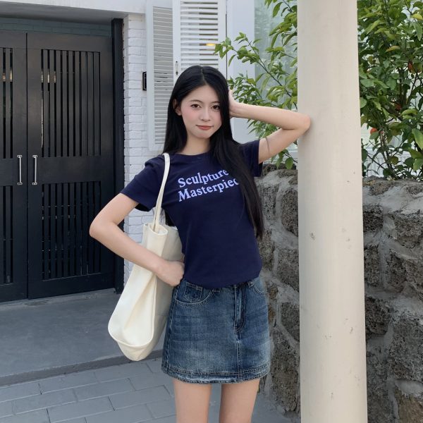 Color Block Short Sleeve T-Shirt for Women - 2025 Summer Slim Fit with Sister Letter Print, Trendy Y2K Style