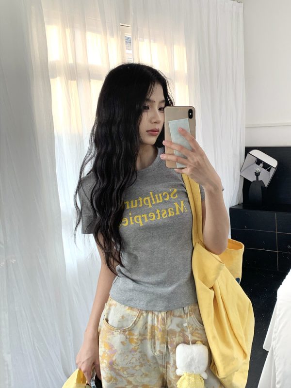 Color Block Short Sleeve T-Shirt for Women - 2025 Summer Slim Fit with Sister Letter Print, Trendy Y2K Style
