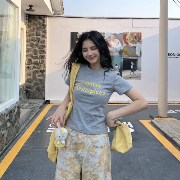 Color Block Short Sleeve T-Shirt for Women - 2025 Summer Slim Fit with Sister Letter Print, Trendy Y2K Style