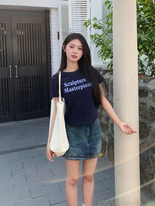Color Block Short Sleeve T-Shirt for Women - 2025 Summer Slim Fit with Sister Letter Print, Trendy Y2K Style