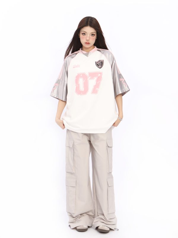 Color Block Short Sleeve V-Neck T-Shirt for Women - American Style Silver Sports Jersey - Summer Casual Top