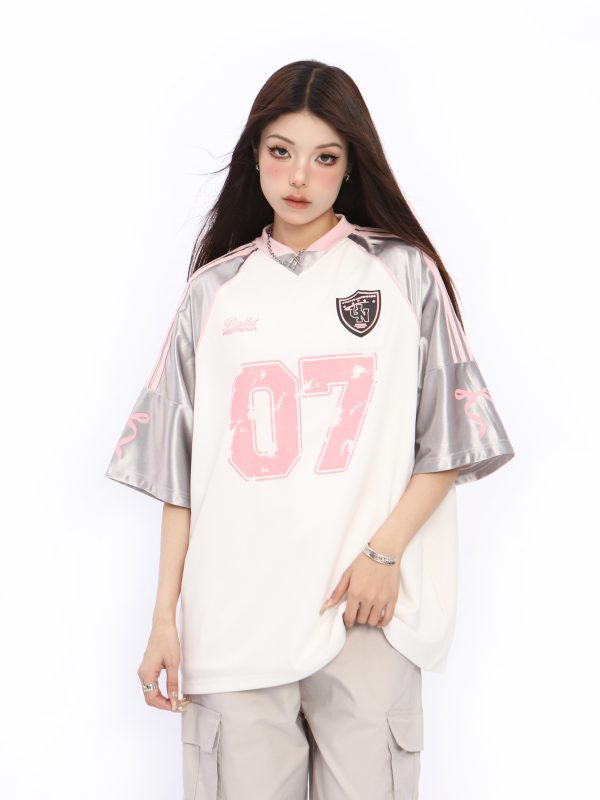 Color Block Short Sleeve V-Neck T-Shirt for Women - American Style Silver Sports Jersey - Summer Casual Top