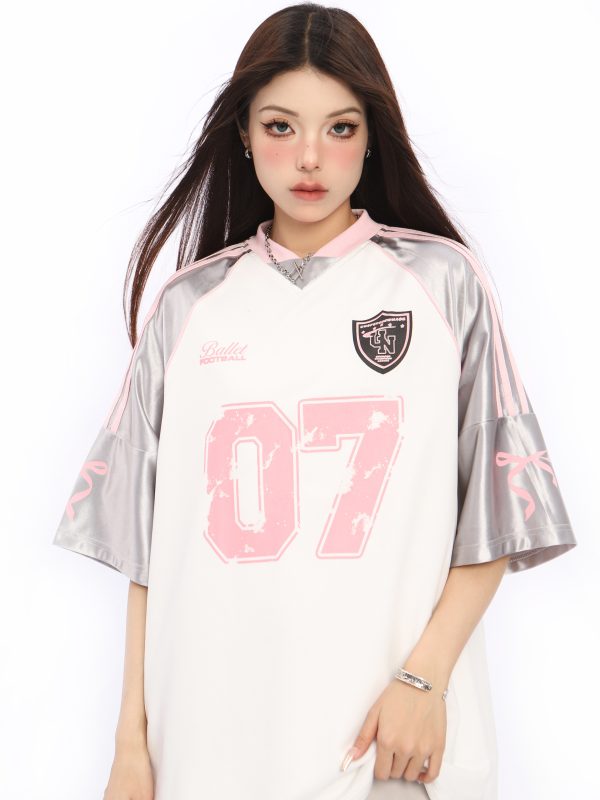 Color Block Short Sleeve V-Neck T-Shirt for Women - American Style Silver Sports Jersey - Summer Casual Top
