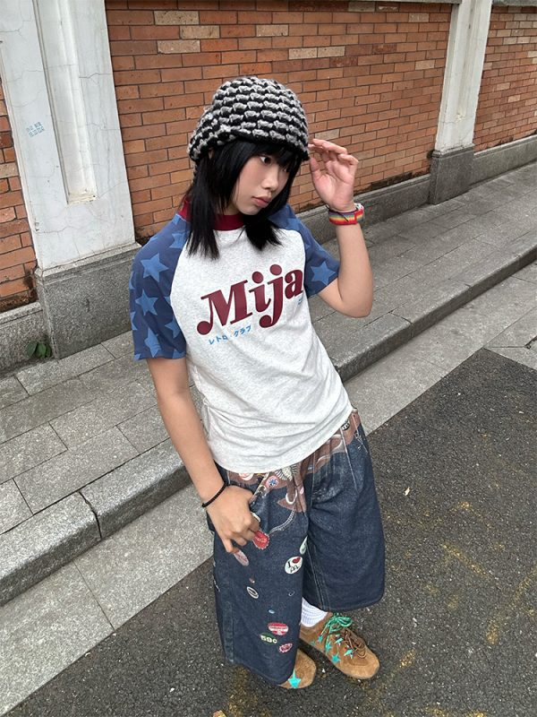 Color Block Star Shoulder Short Sleeve T-Shirt for Men and Women - Casual American Letter Print Tee, 2025 Spring Style