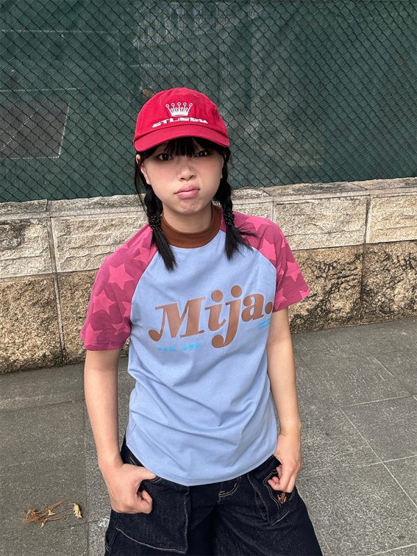 Color Block Star Shoulder Short Sleeve T-Shirt for Men and Women - Casual American Letter Print Tee, 2025 Spring Style