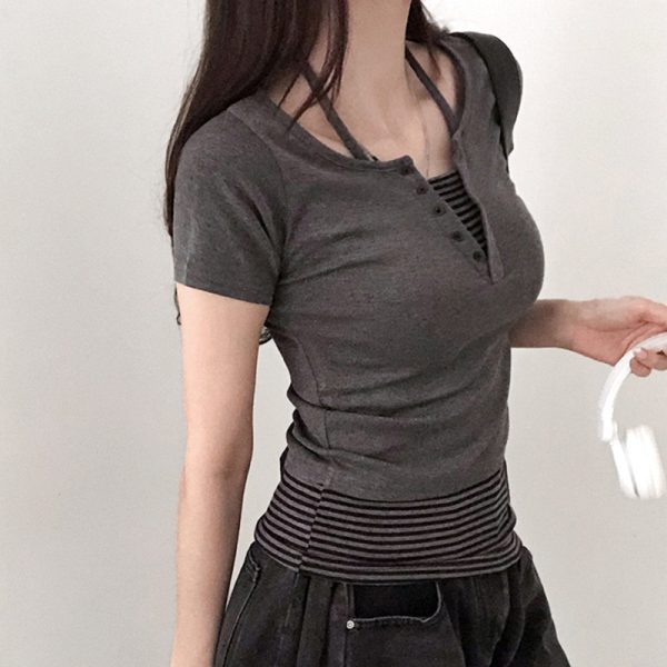 Color-block Striped Halter V-neck Button-up Slim-fit Knit Short Sleeve T-shirt Two-piece Set for Street Style Outfit