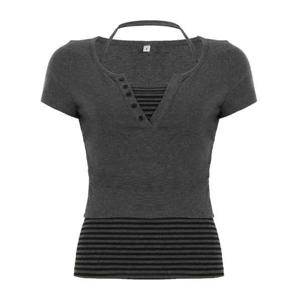Color-block Striped Halter V-neck Button-up Slim-fit Knit Short Sleeve T-shirt Two-piece Set for Street Style Outfit