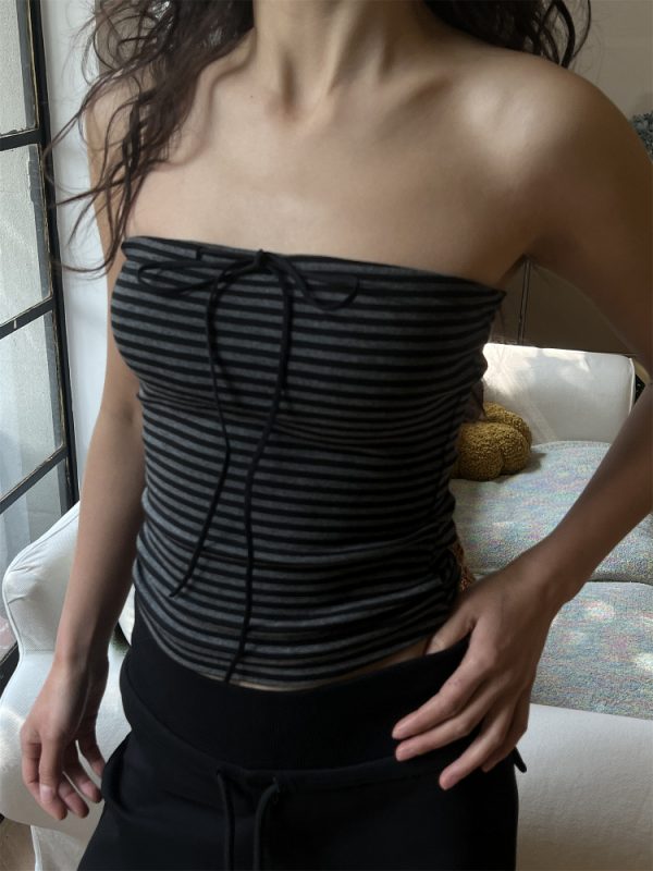 Color Block Striped Strapless Top with Bow Tie - Elastic Slim Fit Women's Shirt, Perfect for 2025 Y2K Fashion