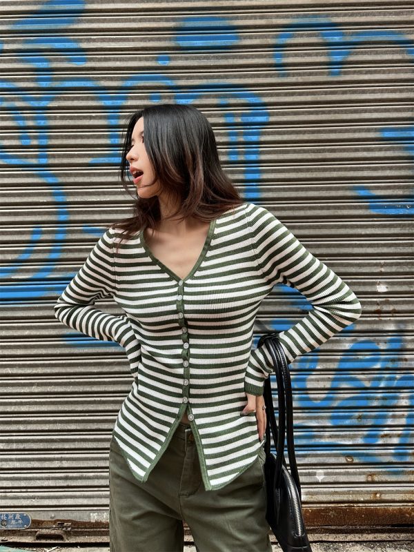 Color Block Striped Textured Button V-Neck High Elastic Slim Fit Knitted Cardigan for Women - 2025 Fashion Essential