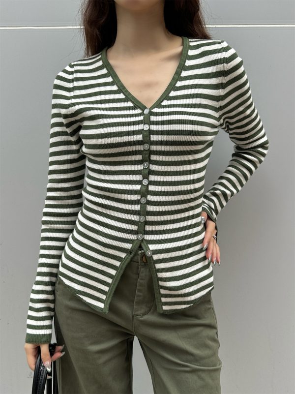 Color Block Striped Textured Button V-Neck High Elastic Slim Fit Knitted Cardigan for Women - 2025 Fashion Essential
