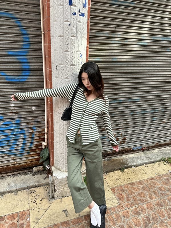 Color Block Striped Textured Button V-Neck High Elastic Slim Fit Knitted Cardigan for Women - 2025 Fashion Essential