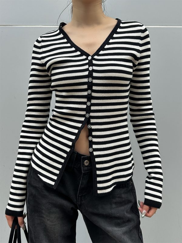 Color Block Striped Textured Button V-Neck High Elastic Slim Fit Knitted Cardigan for Women - 2025 Fashion Essential