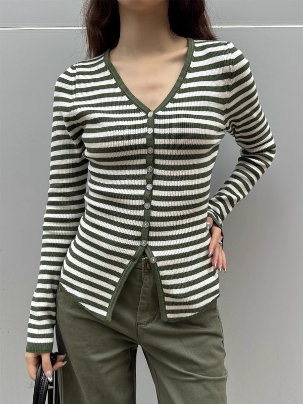 Color Block Striped Textured Button V-Neck High Elastic Slim Fit Knitted Cardigan for Women - 2025 Fashion Essential