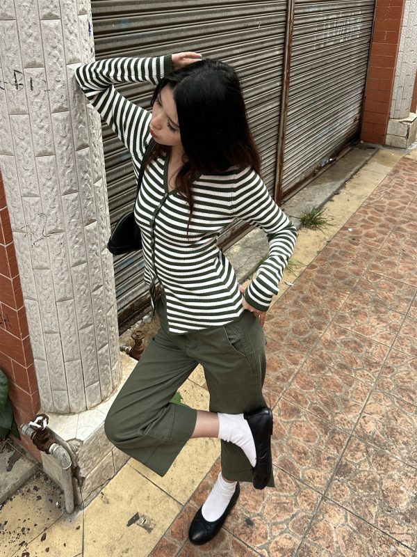 Color Block Striped Textured Button V-Neck High Elastic Slim Fit Knitted Cardigan for Women - 2025 Fashion Essential
