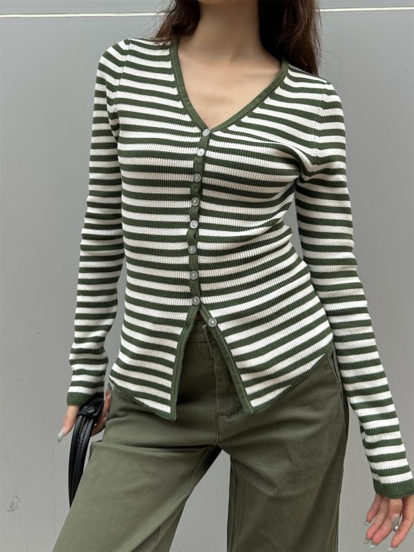 Color Block Striped Textured Button V-Neck High Elastic Slim Fit Knitted Cardigan for Women - 2025 Fashion Essential