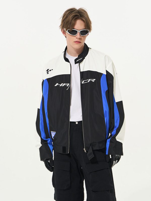 Color-Blocked Embroidered Racing Jacket with Stand Collar - American Racing Style, Inspired by 90s Fashion