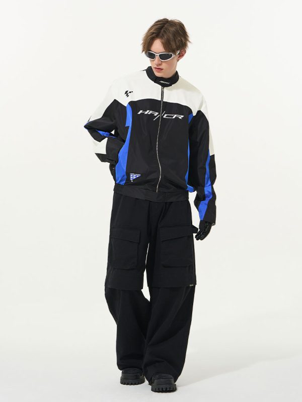 Color-Blocked Embroidered Racing Jacket with Stand Collar - American Racing Style, Inspired by 90s Fashion