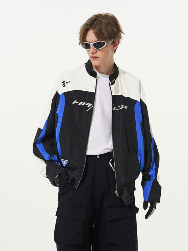Color-Blocked Embroidered Racing Jacket with Stand Collar - American Racing Style, Inspired by 90s Fashion