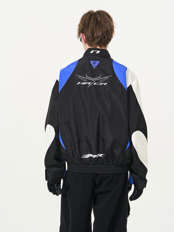 Color-Blocked Embroidered Racing Jacket with Stand Collar - American Racing Style, Inspired by 90s Fashion