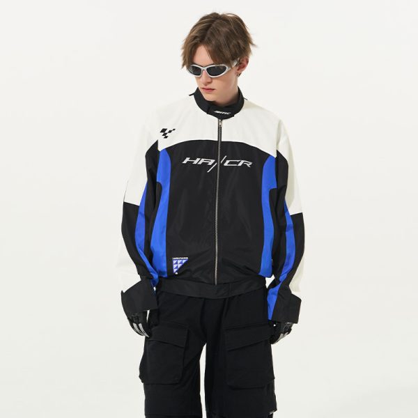 Color-Blocked Embroidered Racing Jacket with Stand Collar - American Racing Style, Inspired by 90s Fashion