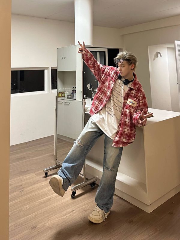 Color-Blocked Plaid Long Sleeve Shirt - Unisex High Street Trendy Jacket for Autumn - 90s American Style