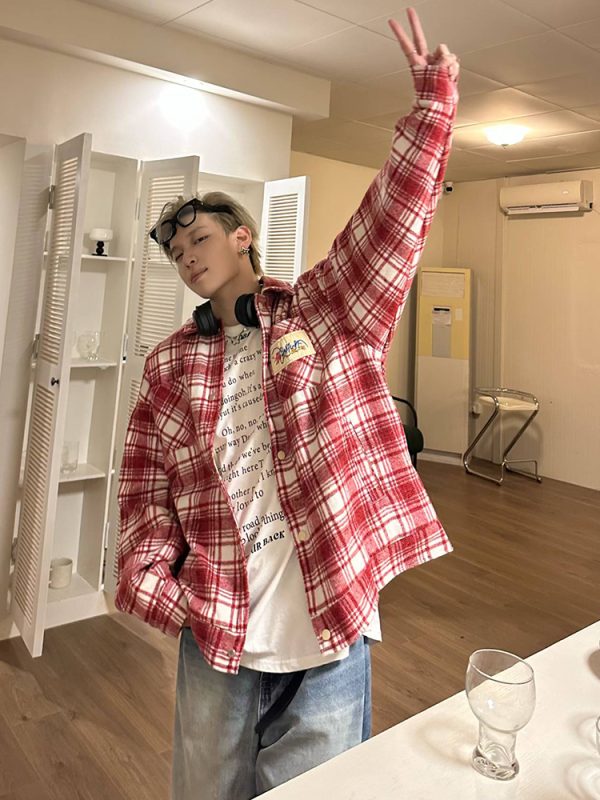 Color-Blocked Plaid Long Sleeve Shirt - Unisex High Street Trendy Jacket for Autumn - 90s American Style