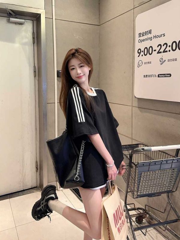 Color-Blocked Stripes Cotton Short Sleeve T-Shirt for Men and Women - Trendy Plus Size Loose Fit American Style Couple Outfit