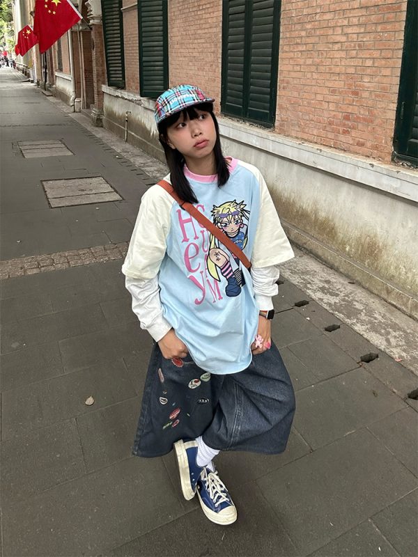 Color-Blocking Anime Graphic Unisex Loose Casual Summer T-Shirt - American Style, Short Sleeve, 90s Inspired Fashion