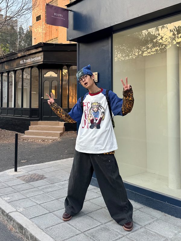 Color-Blocking Anime Graphic Unisex Loose Casual Summer T-Shirt - American Style, Short Sleeve, 90s Inspired Fashion