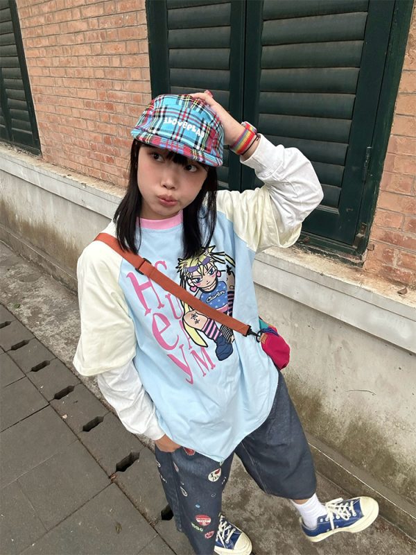 Color-Blocking Anime Graphic Unisex Loose Casual Summer T-Shirt - American Style, Short Sleeve, 90s Inspired Fashion