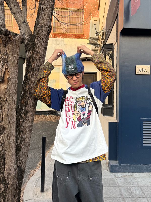Color-Blocking Anime Graphic Unisex Loose Casual Summer T-Shirt - American Style, Short Sleeve, 90s Inspired Fashion
