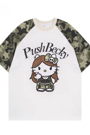 Color-Blocking Camouflage Hello Kitty Raglan Sleeve T-Shirt for Women - Casual 90s Inspired Short Sleeve Top