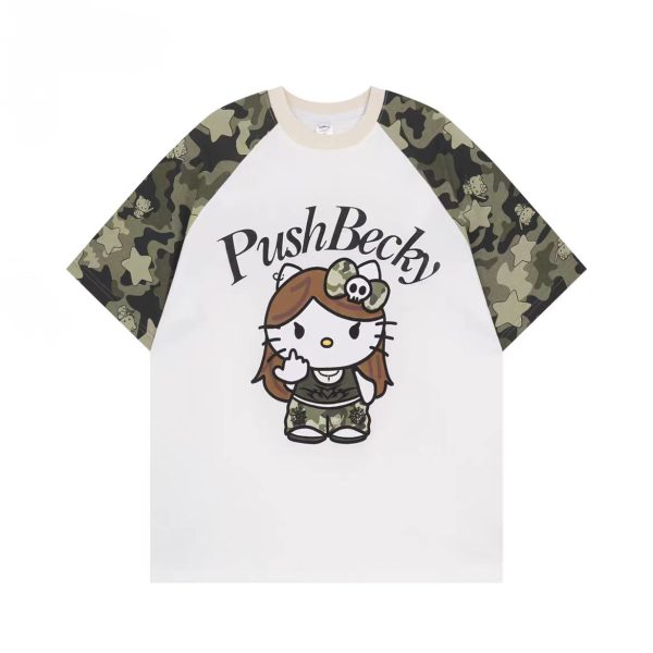 Color-Blocking Camouflage Hello Kitty Raglan Sleeve T-Shirt for Women - Casual 90s Inspired Short Sleeve Top