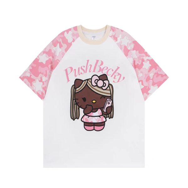 Color-Blocking Camouflage Hello Kitty Raglan Sleeve T-Shirt for Women - Casual 90s Inspired Short Sleeve Top
